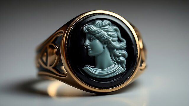 intaglio. Classical onyx gemstone ring with an intricately carved Greek goddess intaglio. event programs, museum guides, designed for cultural heritage projects and event programs.