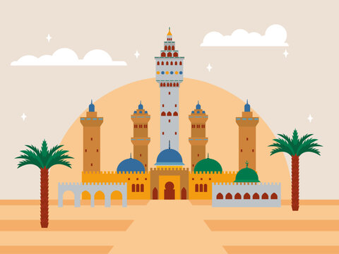 Great Mosque of Touba in Senegal. African illustrations. Flat vector concepts.