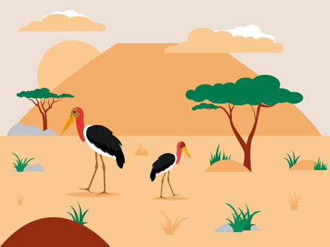 Two Marabou Storks (Leptoptilos crumenifer) in an African savanna landscape. African illustrations. Flat vector concepts.