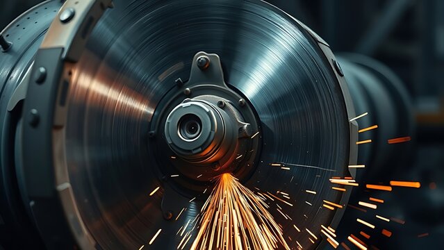 abrasive. An industrial grinding wheel cutting steel, with sparks flying dramatically. safety posters, maintenance manuals, designed for precision metalworking and fabrication facilities.