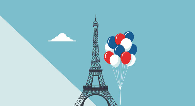 Eiffel Tower with Patriotic Balloons, Paris Landmark Celebration