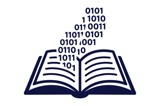 Open book with binary code emanating from pages computer programming information knowledge education technology