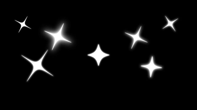 Twinkling white sparkle stars animation in flat vector cartoon doodle style, blinking glowing light rays and glitter effect on black screen background, festive overlay