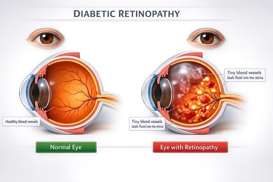 Diabetic retinopathy vs normal eye anatomy comparison with blood vessels