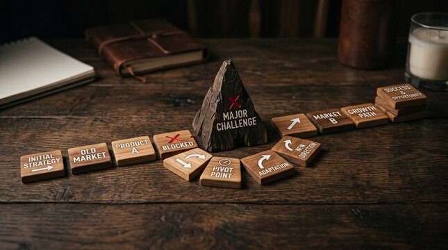 Business pivot strategy concept with wooden blocks on a rustic wooden table