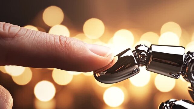 Human finger gently touching robotic fingertip, symbolizing connection, artificial intelligence, human‑machine interaction, and merging of organic with technological elements.