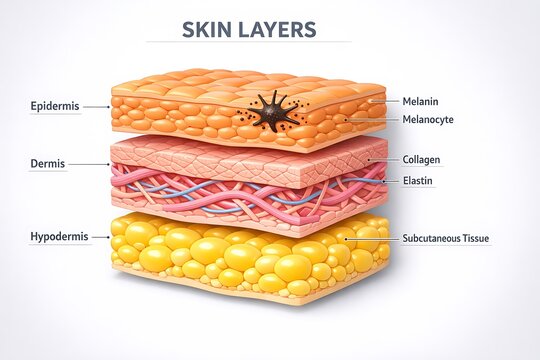 Human skin layers cross-section diagram with skin care epidermis hypodermis