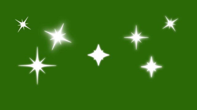 Twinkle star animation with white sparkle cartoon doodles, flat vector blinking glowing light rays and glitter effect on green screen background overlay