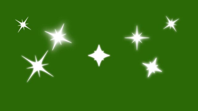 Sparkle twinkle stars animation, white cartoon flat vector doodles blinking with glowing light rays and glitter effect on green screen background overlay