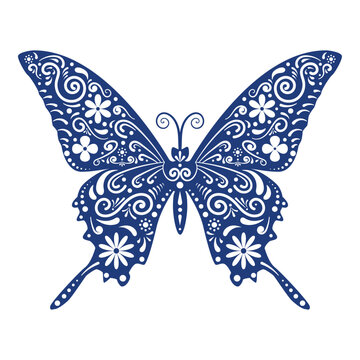 Artistic silhouette design of a butterfly in the style of Mexican Talavera pottery, featuring both traditional and contemporary floral motifs.