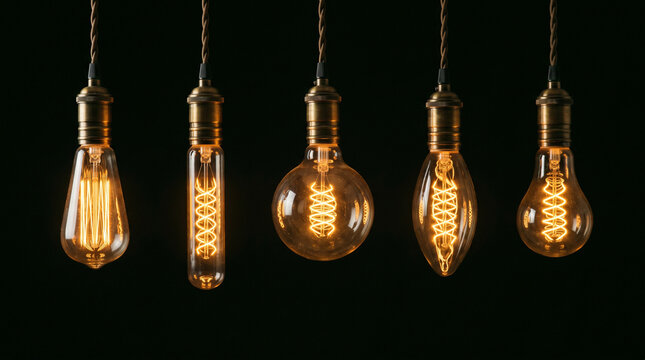 Set of vintage edison light bulbs with glowing filaments hanging on wires against a dark black background