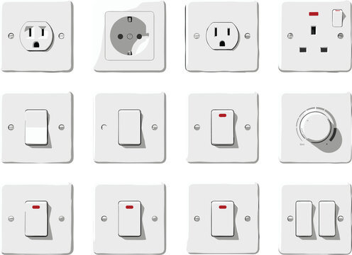 Vector Set of Electrical Outlets, Switches, and Dimmers for Home, Wiring, and Power Supply Designs