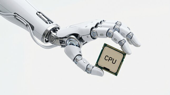 Robotic hand holding a central processing unit cpu microchip on white background with metallic grey mechanical fingers and joints