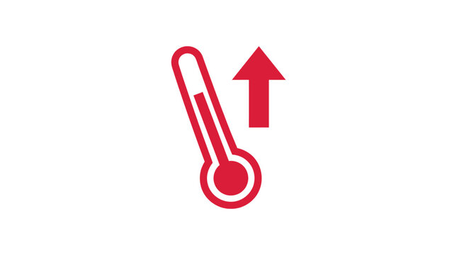 Red clinical thermometer with upward pointing arrow representing high temperature fever warning heat increase global warming and medical health emergency alert