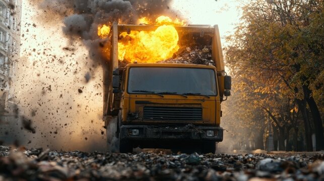 Large yellow construction dump truck exploding with fire and smoke in outdoor rural setting with trees and cloudy sky, causing debris to scatter