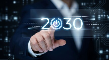 Obraz premium Business professional touching virtual 2030 interface with power button icon symbolizing future planning corporate strategy and technological advancement for global industrial growth