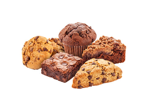 Assortment of chocolate chip cookie, brownie, chocolate muffin, crumble bar, and scone on a transparent background.