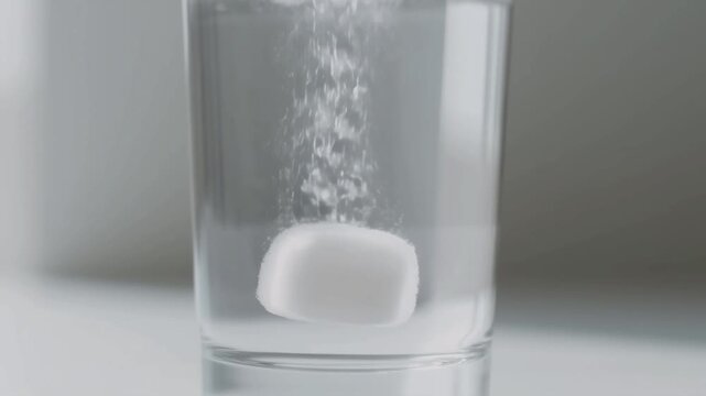 A white effervescent tablet dissolving in a clear glass of water, creating numerous small bubbles and fizzing