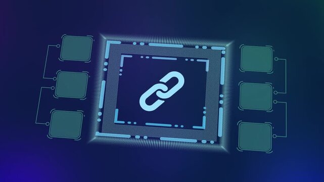 Secure hyperlink connection chip with chain symbol. Blockchain technology and data network processor unit.