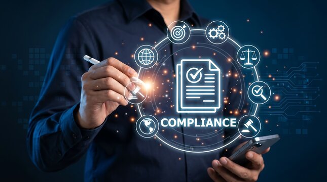 Business professional using digital stylus to interact with holographic compliance interface featuring legal icons and regulatory audit symbols for corporate governance and risk management