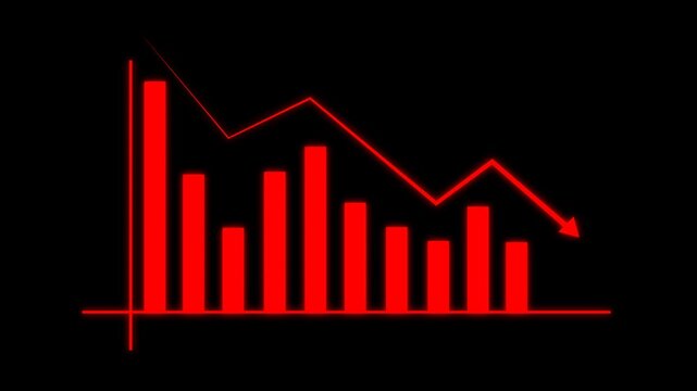 Glowing red financial graph with bars and falling line arrow, ideal for data decline visuals, business reports, overlays, transitions, and presentations, alpha channel