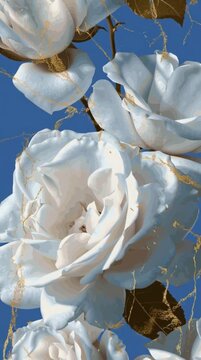 Elegant white rose floral pattern with shimmering gold accents in motion against a vibrant blue background, video clip