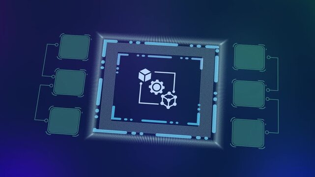 Data processing microchip with 3D block and gear icon. Distributed computing and digital system hardware.