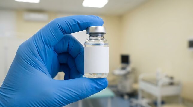 Close-up of gloved hand holding clear glass medical vial with blank white label in sterile laboratory, empty space for text, concept of pharmaceutical research and development