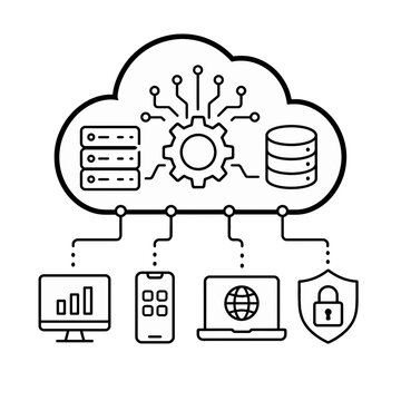 Digital cloud computing network infrastructure icon depicting secure data storage, processing, and multi-device connectivity, symbolizing modern technology services