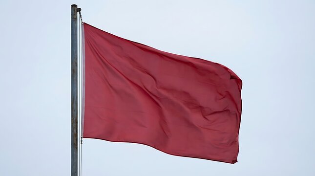 Crimson red flag waving dramatically on a metal flagpole against a muted overcast sky, representing danger, warning signals, and critical alerts for safety and cautionary situations signaling risk