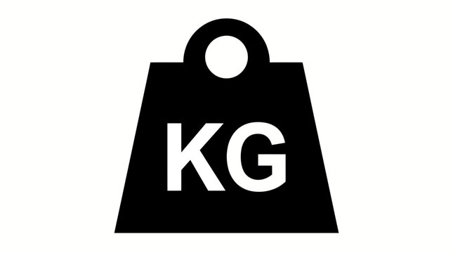 Black kilogram weight icon with white kg text on a plain white background for measurement and fitness concepts