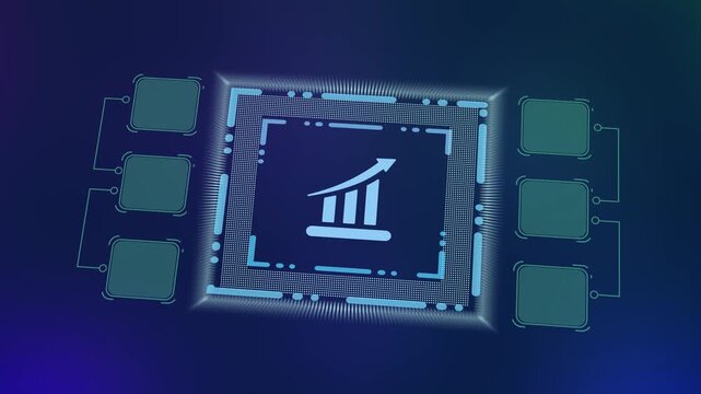 Advanced microprocessor with glowing financial growth chart symbolizing algorithmic trading and business scaling success.