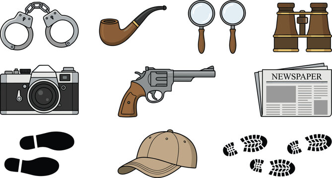 Vector Set of Detective and Investigation Tools Including Handcuffs, Camera, Binoculars, and Newspaper for Mystery, Crime, and Detective Designs