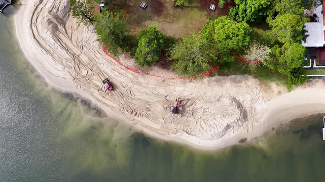 Aerial Top View of Excavators Working on Gold Coast Beach Construction