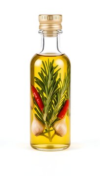 Small glass bottle filled with herbal oil containing rosemary sprigs red chili peppers and garlic cloves for culinary or medicinal use