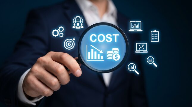 Businessman holding magnifying glass over digital cost reduction concept with financial analysis icons and growth charts displayed on virtual screen for corporate business strategy analysis