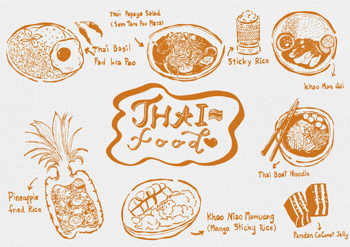 Set of Hand Drawn Thai Food Illustrations and Infographic Elements with Famous Dishes on Textured Background