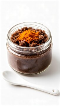 Close-up of a jar of freshly ground dark roasted coffee with a sprinkle of vibrant orange spice on top, accompanied by a white spoon on a white surface