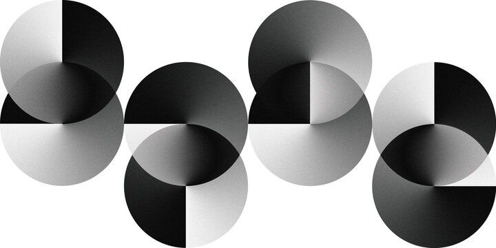 Abstract monochrome artwork. Four couples of overlapping circular forms with conic angular gradients on a white background. Soft shadows and grain texture. Modern geometric composition