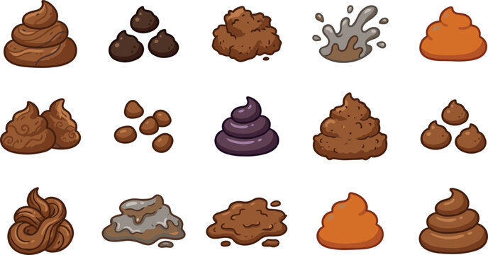 Cartoon Style Illustrations of Various Piles of Brown, Purple, and Muddy Poop for Humorous and Funny Designs