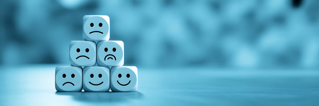 A pyramid of blue cubes with various happy and sad face expressions on a blue background with a blurred texture