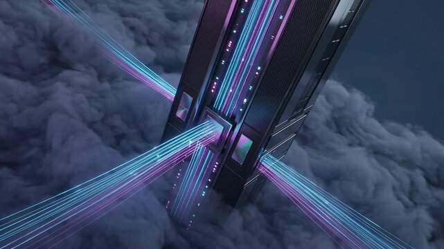 3D visualization of a high-tech tower emitting cyan and purple digital particle beams through thick misty clouds in a dark atmospheric environment