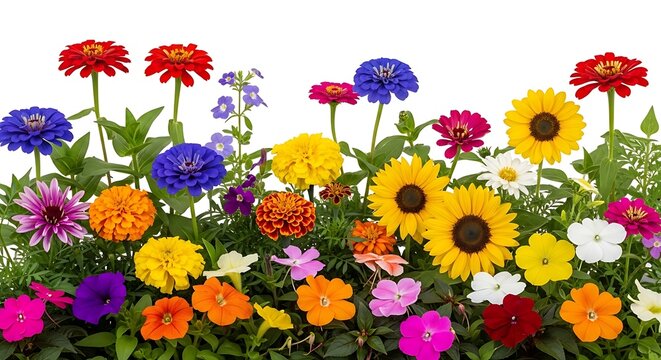 Colorful flowers with green leaves on transparent background  vibrant garden blooms
