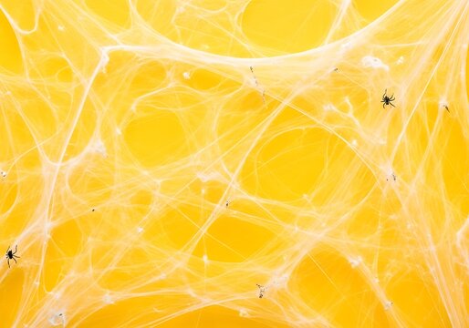 Spiders and spiderwebs on a yellow background with intricate web patterns everywhere outside