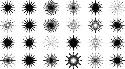 Obraz premium Collection of black starburst and sunburst with various ray styles including solid lines dashed lines and swirling patterns arranged in a grid on a white background