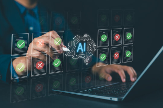 Businessman using AI to verify and validate digital documents, featuring checkmarks and error indicators, representing authentication, data accuracy, and intelligent document analysis.