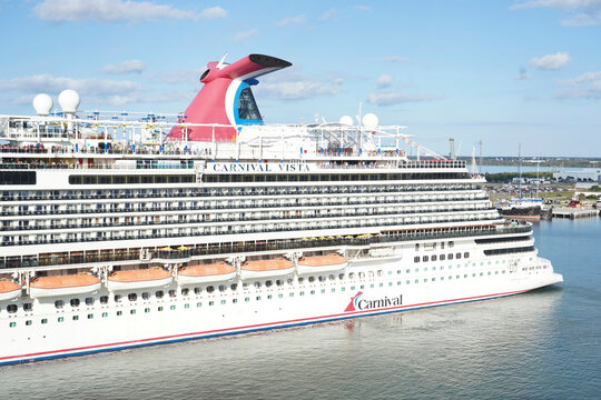 The side of the Carnival Cruise Line Vista cruise ship in Port Canaveral, Florida on December 27, 2025.