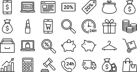 Fototapeta premium Set of black and white line featuring shopping and finance symbols including money bags piggy banks laptops with sale screens magnifying glasses gift boxes calculators and delivery trucks