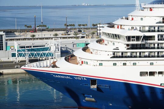 The front of the Carnival Vista cruise line leaving the port in Port Canaveral, Florida on December 27, 2025.