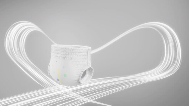 3D animation of baby pull-up diaper appearing with 360 rotation, then sliding smoothly along soft fiber paths. The motion highlights flexibility, softness, and a playful dynamic